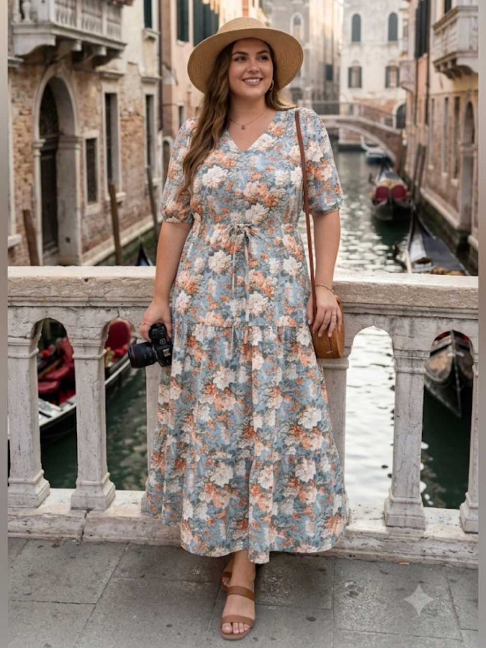 🍔Bbonlinedress Floral V-Neck Midi Dress in Blue and Peach size XL GUC